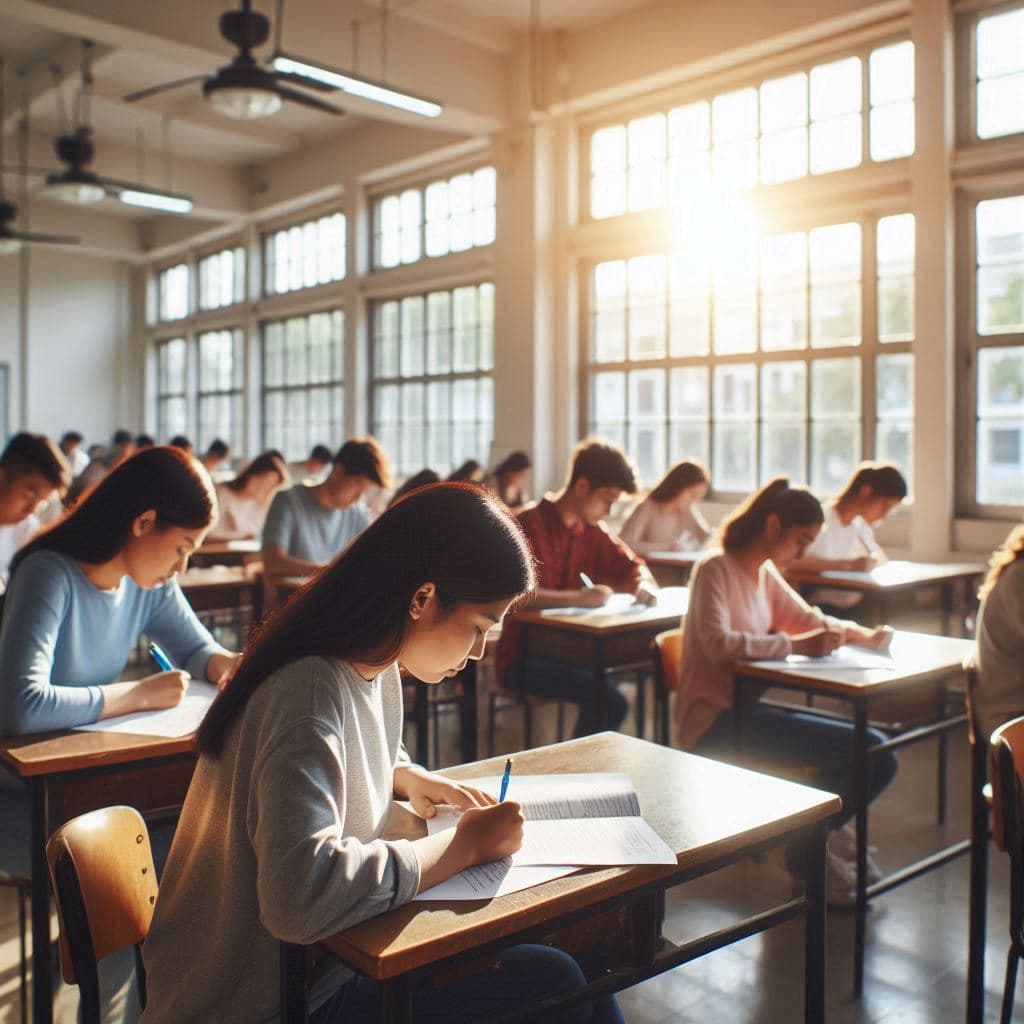 Gente en un aula sentada realizando un examen mientras en las ventanas del aula se ve un dia soleado