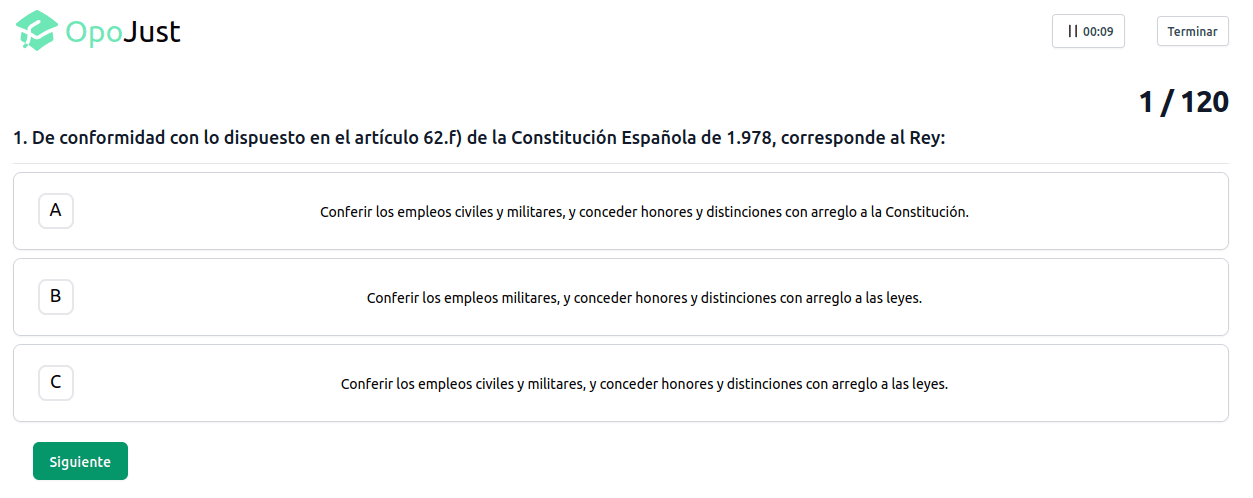 Aplicación de OpoJust con una pregunta de un test de una oposición con botones para contestar y pausar el test